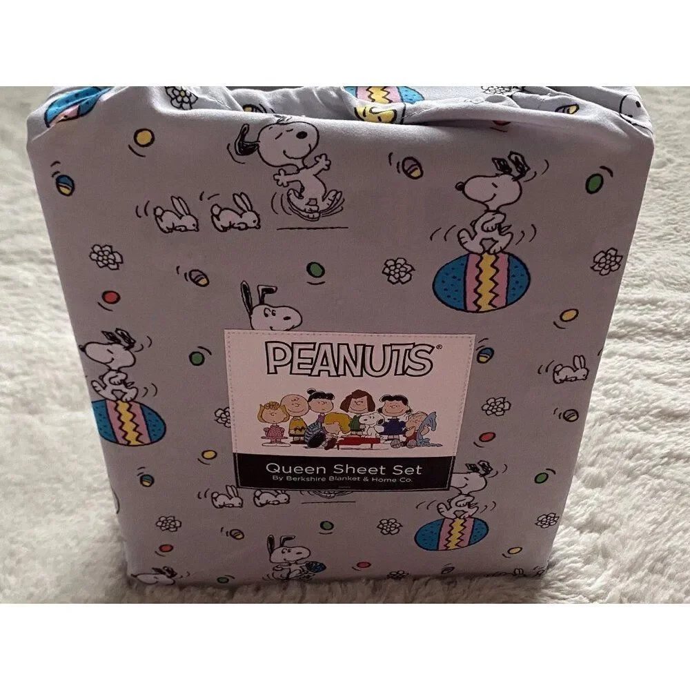 Peanuts Snoopy Easter Egg Bunny Floral QUEEN‎ Sz Sheet Set Soft Grey NEW